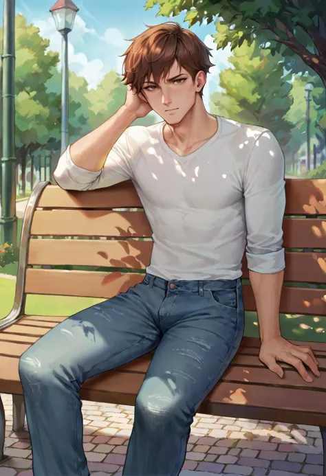 score_9, score_8_up, score_7_up, break  ict style, 1boy,male focus, brown hair, brown eyes, sitting, bench, park,jeans,looking a...