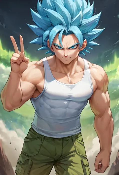 score_9, score_8_up, score_7_up, BREAK  ict style, 1boy,super saiyan blue, muscular male, spiked hair, blue hair, blue eyes, tank top, cargo shorts, cowboy shot,peace sign, no pupils, smirk