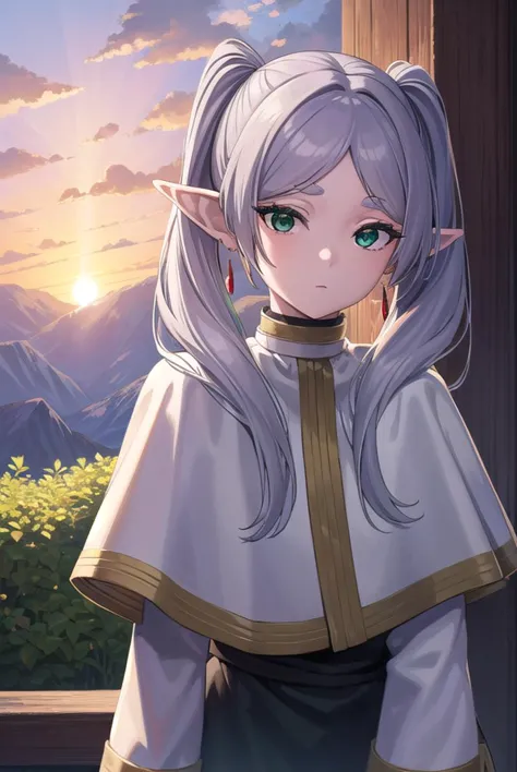 frieren, <lyco:frierenv2-lyco-nochekaiser:1>,
frieren, long hair, twintails, (green eyes:1.5), grey hair, pointy ears, elf,
BREAK shirt, long sleeves, jewelry, pantyhose, earrings, striped, black pantyhose, capelet, striped shirt,
BREAK outdoors, sky, nature,
BREAK looking at viewer, (cowboy shot:1.5),
BREAK <lyco:GoodHands-beta2:1>, (masterpiece:1.2), best quality, high resolution, unity 8k wallpaper, (illustration:0.8), (beautiful detailed eyes:1.6), extremely detailed face, perfect lighting, extremely detailed CG, (perfect hands, perfect anatomy),