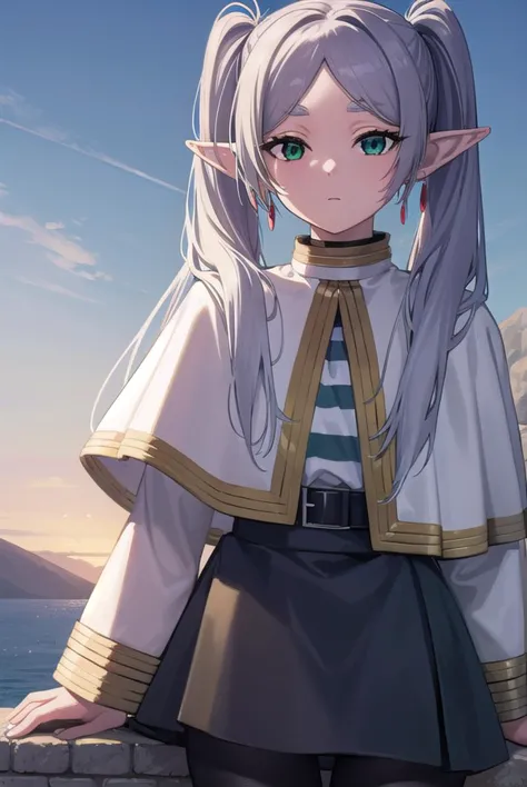 frieren, <lyco:frierenv2-lyco-nochekaiser:1>,
frieren, long hair, twintails, (green eyes:1.5), grey hair, pointy ears, elf,
BREAK shirt, long sleeves, jewelry, pantyhose, earrings, striped, black pantyhose, capelet, striped shirt,
BREAK outdoors, sky, nature,
BREAK looking at viewer, (cowboy shot:1.5),
BREAK <lyco:GoodHands-beta2:1>, (masterpiece:1.2), best quality, high resolution, unity 8k wallpaper, (illustration:0.8), (beautiful detailed eyes:1.6), extremely detailed face, perfect lighting, extremely detailed CG, (perfect hands, perfect anatomy),