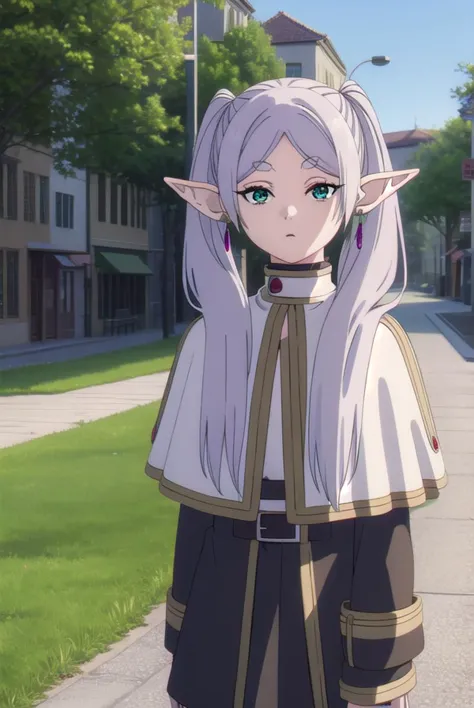 frieren, <lyco:frieren-lyco-nochekaiser:1>,
frieren, long hair, twintails, (green eyes:1.5), grey hair, pointy ears, elf,
BREAK shirt, long sleeves, jewelry, pantyhose, earrings, striped, black pantyhose, capelet, striped shirt,
BREAK looking at viewer, upper body, full body,
BREAK outdoors, sky, nature,
BREAK <lyco:GoodHands-beta2:1>, (masterpiece:1.2), best quality, high resolution, unity 8k wallpaper, (illustration:0.8), (beautiful detailed eyes:1.6), extremely detailed face, perfect lighting, extremely detailed CG, (perfect hands, perfect anatomy),