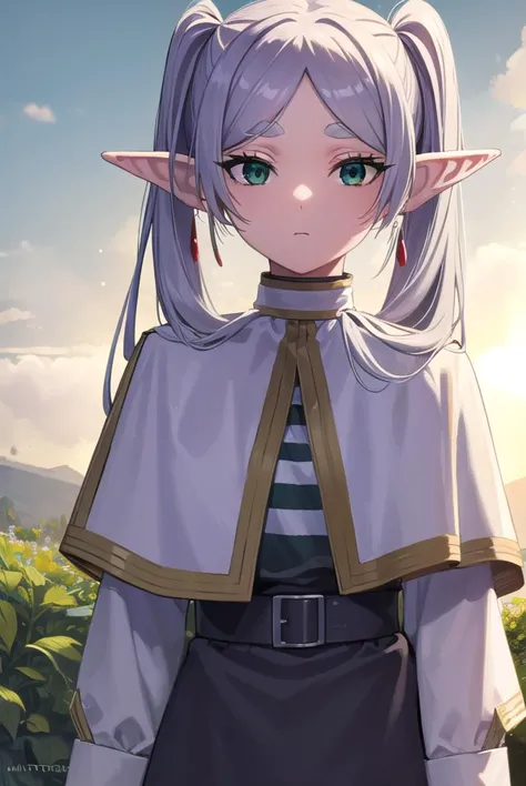 frieren, <lyco:frierenv2-lyco-nochekaiser:1>,
frieren, long hair, twintails, (green eyes:1.5), grey hair, pointy ears, elf,
BREAK shirt, long sleeves, jewelry, pantyhose, earrings, striped, black pantyhose, capelet, striped shirt,
BREAK outdoors, sky, nature,
BREAK looking at viewer, (cowboy shot:1.5),
BREAK <lyco:GoodHands-beta2:1>, (masterpiece:1.2), best quality, high resolution, unity 8k wallpaper, (illustration:0.8), (beautiful detailed eyes:1.6), extremely detailed face, perfect lighting, extremely detailed CG, (perfect hands, perfect anatomy),