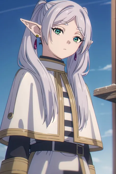 frieren, <lyco:frieren-lyco-nochekaiser:1>,
frieren, long hair, twintails, (green eyes:1.5), grey hair, pointy ears, elf,
BREAK shirt, long sleeves, jewelry, pantyhose, earrings, striped, black pantyhose, capelet, striped shirt,
BREAK looking at viewer, upper body, full body,
BREAK outdoors, sky, nature,
BREAK <lyco:GoodHands-beta2:1>, (masterpiece:1.2), best quality, high resolution, unity 8k wallpaper, (illustration:0.8), (beautiful detailed eyes:1.6), extremely detailed face, perfect lighting, extremely detailed CG, (perfect hands, perfect anatomy),