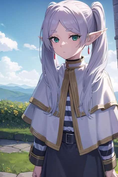 frieren, <lyco:frierenv2-lyco-nochekaiser:1>,
frieren, long hair, twintails, (green eyes:1.5), grey hair, pointy ears, elf,
BREAK shirt, long sleeves, jewelry, pantyhose, earrings, striped, black pantyhose, capelet, striped shirt,
BREAK outdoors, sky, nature,
BREAK looking at viewer, (cowboy shot:1.5),
BREAK <lyco:GoodHands-beta2:1>, (masterpiece:1.2), best quality, high resolution, unity 8k wallpaper, (illustration:0.8), (beautiful detailed eyes:1.6), extremely detailed face, perfect lighting, extremely detailed CG, (perfect hands, perfect anatomy),