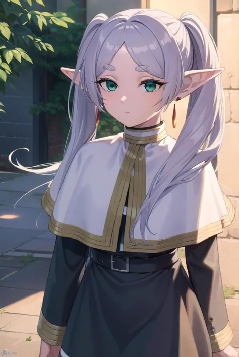 frieren, <lyco:frierenv2-lyco-nochekaiser:1>,
frieren, long hair, twintails, (green eyes:1.5), grey hair, pointy ears, elf,
BREAK shirt, long sleeves, jewelry, pantyhose, earrings, striped, black pantyhose, capelet, striped shirt,
BREAK outdoors, sky, nature,
BREAK looking at viewer, (cowboy shot:1.5),
BREAK <lyco:GoodHands-beta2:1>, (masterpiece:1.2), best quality, high resolution, unity 8k wallpaper, (illustration:0.8), (beautiful detailed eyes:1.6), extremely detailed face, perfect lighting, extremely detailed CG, (perfect hands, perfect anatomy),