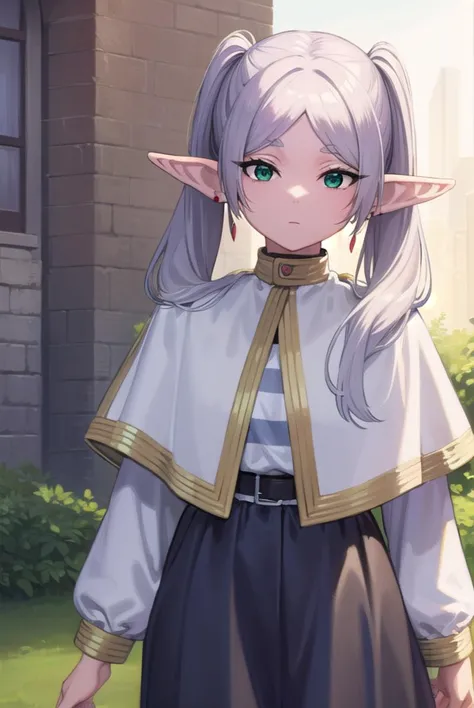 frieren, <lyco:frierenv2-lyco-nochekaiser:1>,
frieren, long hair, twintails, (green eyes:1.5), grey hair, pointy ears, elf,
BREAK shirt, long sleeves, jewelry, pantyhose, earrings, striped, black pantyhose, capelet, striped shirt,
BREAK outdoors, sky, nature,
BREAK looking at viewer, (cowboy shot:1.5),
BREAK <lyco:GoodHands-beta2:1>, (masterpiece:1.2), best quality, high resolution, unity 8k wallpaper, (illustration:0.8), (beautiful detailed eyes:1.6), extremely detailed face, perfect lighting, extremely detailed CG, (perfect hands, perfect anatomy),