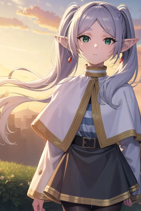 frieren, <lyco:frierenv2-lyco-nochekaiser:1>,
frieren, long hair, twintails, (green eyes:1.5), grey hair, pointy ears, elf,
BREAK shirt, long sleeves, jewelry, pantyhose, earrings, striped, black pantyhose, capelet, striped shirt,
BREAK outdoors, sky, nature,
BREAK looking at viewer, (cowboy shot:1.5),
BREAK <lyco:GoodHands-beta2:1>, (masterpiece:1.2), best quality, high resolution, unity 8k wallpaper, (illustration:0.8), (beautiful detailed eyes:1.6), extremely detailed face, perfect lighting, extremely detailed CG, (perfect hands, perfect anatomy),