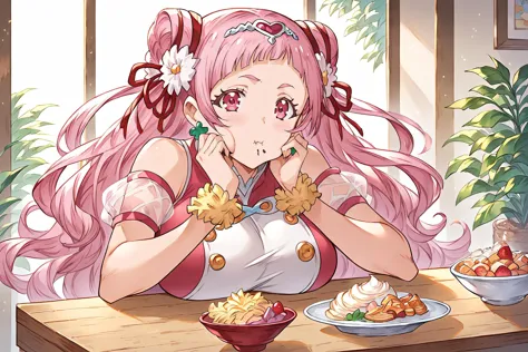 anime girl with pink hair eating a bowl of food at a table