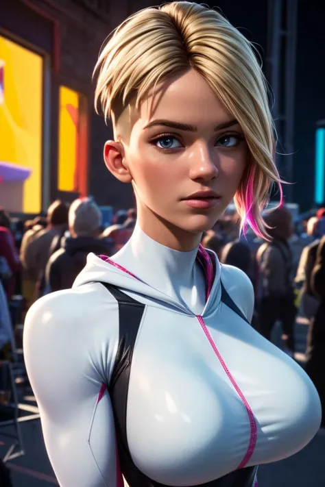 (ultra realistic,32k, masterpiece:1.2),(high detailed skin:1.1),( 8k uhd, dslr, high quality:1.1),
 <lora:SVerse_Gwen-DEF:0.6> Gwen, undercut, blonde, multicolored hair, bodysuit, web-print, hood down, , <lora:add_detail:0.87>, (huge breast:1.1), 
(looking at viewer, Bend forward:1.1),
,(glow in the dark:1.1),A musical concert environment