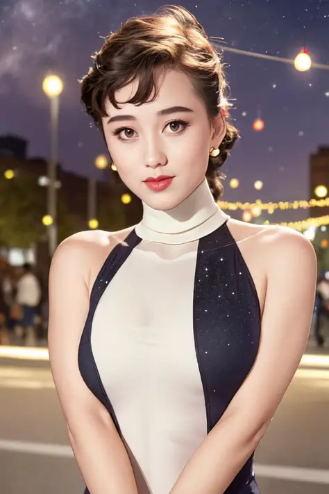 <lora:Lizhi-May11-000020:0.66>  ,
street,new year,crowd, night,starry sky, 
1girl, sleeveless turtleneck leotard (under clothes), looking at viewer, light smile, bokeh, (parted lips), best quality, (photorealistic:1.4), ultra highres,