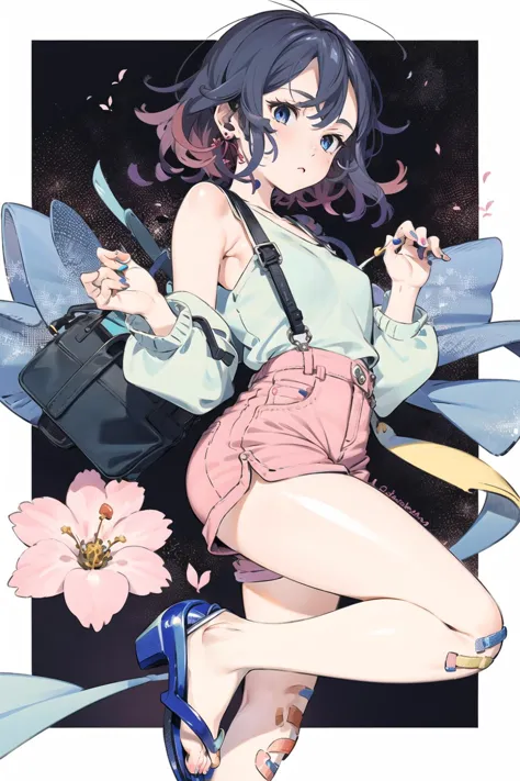 1girl, solo, jewelry, shorts, white background, bag, earrings, shirt, multicolored hair, blue nails, simple background, blue hair, blue footwear, blue eyes, gradient hair, flower, sandals, looking at viewer, blue shirt, bandaid, nail polish, short hair, single thighhigh, blush, thighhighs, bandaid on leg, pink hair, bangs, leg up, hands up, high heels, shoulder bag, pink shorts, signature, red flower, high-waist shorts, floral print<lora:Kaisen:1>