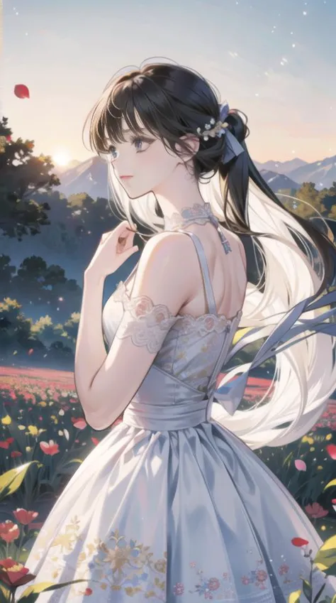 a woman in a dress standing in a field of flowers