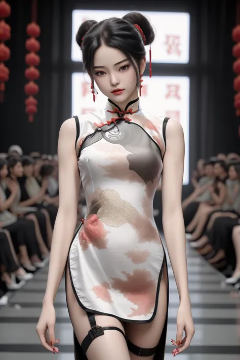 1girl,  <lora:ç»ªå¿-è®¾è®¡ææè¢ Fashion cheongsam:0.8> Fashion cheongsam, on the fashion runway