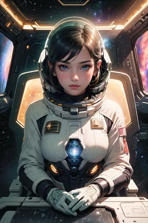 a woman in a space suit sitting in a spaceship looking at the camera