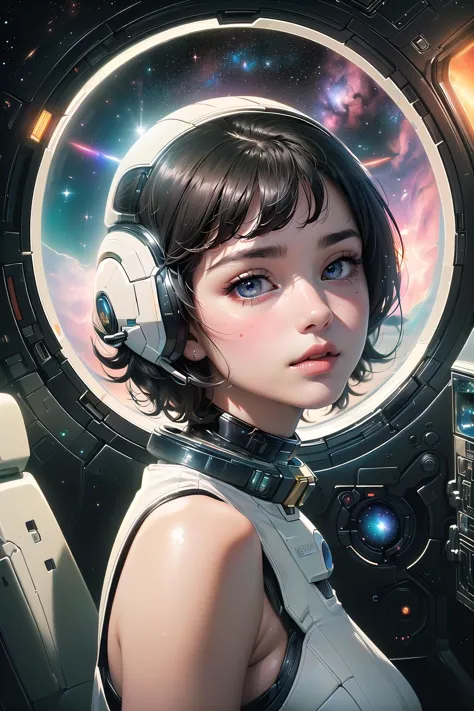 a woman in a space station with headphones on