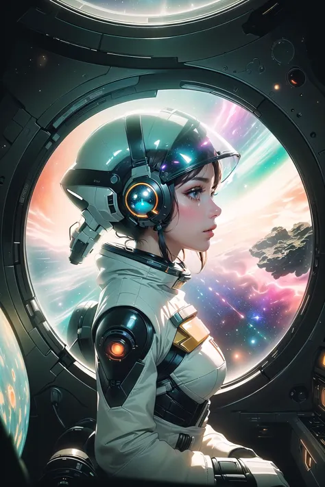 a woman in a space suit looking out of a window