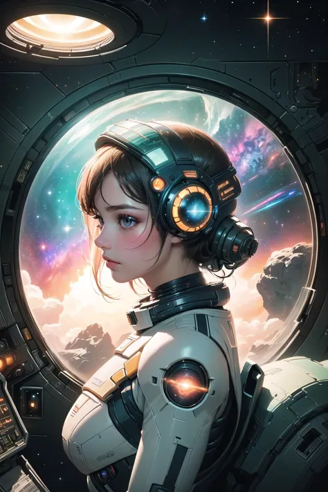 a woman in a space suit with headphones looking out of a window