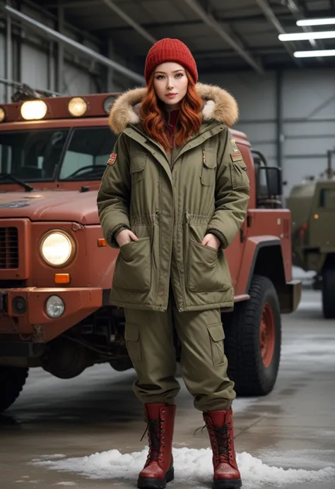 ((fashion photography)), perfect face, perfect eyes, (medium full shot) of  (supermodel soldier) young woman, japanese, dark brown eyes, pale skin, fair skin, hazel eyes, busty, red hair, wearing Heavy-duty parka with fur-trimmed hood, insulated pants, snow boots, knit cap, canteen, set in  military base Vehicle Hangar, Expansive room with armored vehicles parked in rows, maintenance equipment along the walls, fuel pumps in the corner, overhead cranes for repairs, a lingering smell of motor oil , at sunset, smiling at the viewer, masterpiece, best quality, photorealistic, very aesthetic