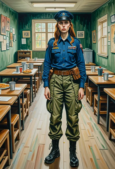 (haunting painting by edvard munch) of a  woman soldier,             wearing tactical shirt with molle webbing, cargo pants, com...