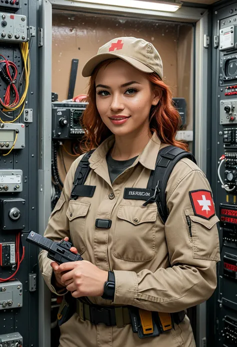 (medium full shot) of (stoic soldier) young woman, medium build, medium red hair, philippine, light skin, hazel eyes, wearing a ...