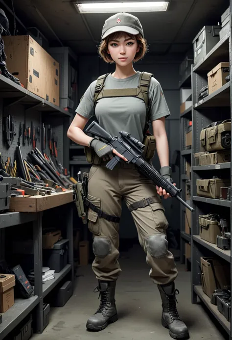 (medium full shot) of (vigilant soldier) young woman, lithe build, short hazel hair, korean, fair skin, light brown eyes, wearin...