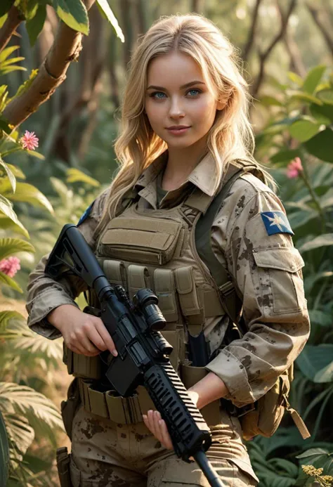 (medium full shot) of (disciplined soldier) young woman, curvy build, medium blonde hair, australian, pale skin, blue eyes, wear...