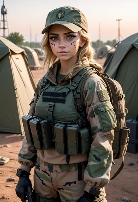 (medium full shot) of (tactical soldier) young woman, slim build, medium blonde hair, spanish, tan skin, jade green eyes, wearin...