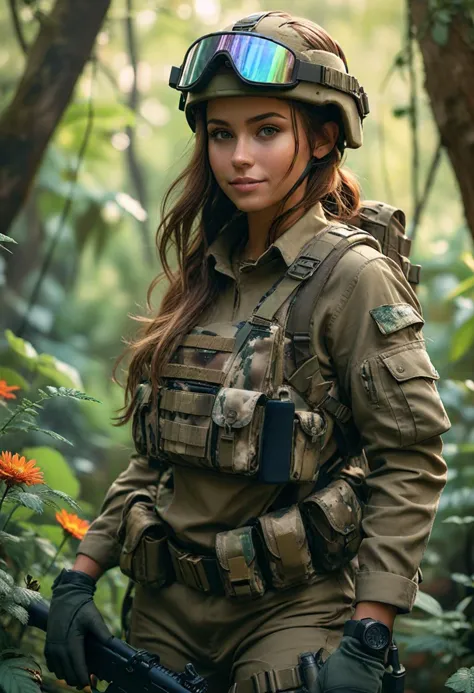 (medium full shot) of (brave soldier) young woman, willowy build, long hazel hair, italian, tan skin, light brown eyes, wearing ...