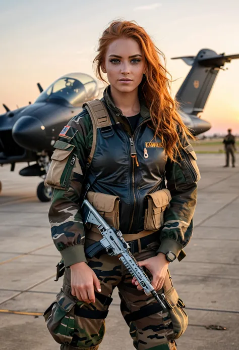 (medium full shot) of (fearless soldier) young woman, medium build, extra long ginger hair, african, dark skin, brown eyes, wear...