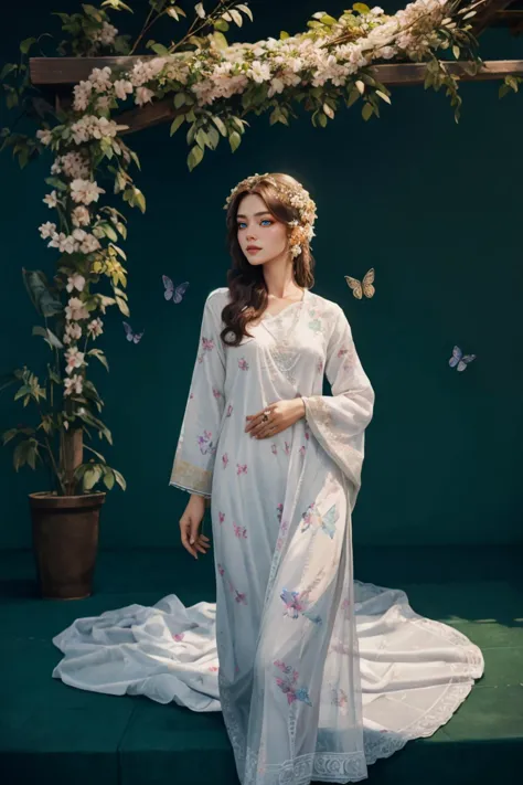 A Photograph that captures a mesmerizing scene of a woman floating effortlessly in mid-air, surrounded by a halo of glowing butterflies. Her serene expression and flowing gown lend an ethereal quality to the image, as if she exists in a realm between dreams and reality, zig-zag pattern, (((_embroidery15_))), white dress, shalwar, (floral print:1.2), <lora:xyzsanshalwarqameez:0.8>