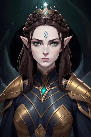 Sassy, Brunette slender female, shoulder length brunette hair, crown braid, pale skin, woman, pointy ears, dark navy blue ornate leather armor,portrait, cinematic lighting, magic, arcane, eldritch, green eyes,forehead jewel, high cheekbones, draconic sorcerer