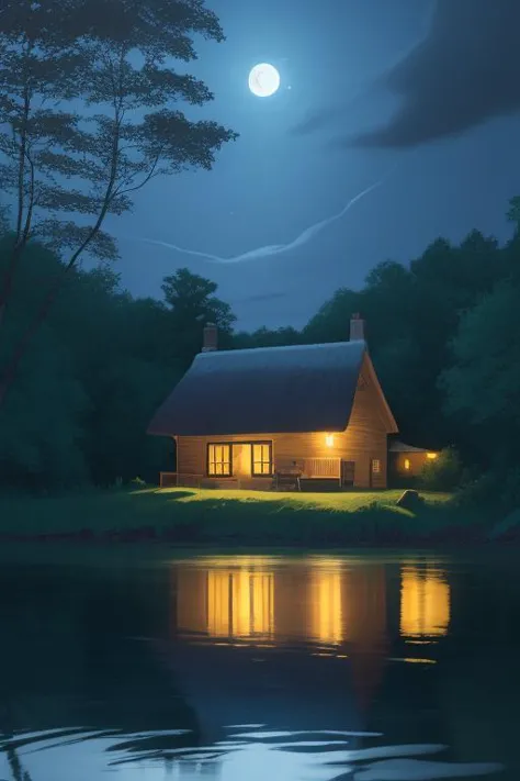 a painting of a house with a full moon in the background