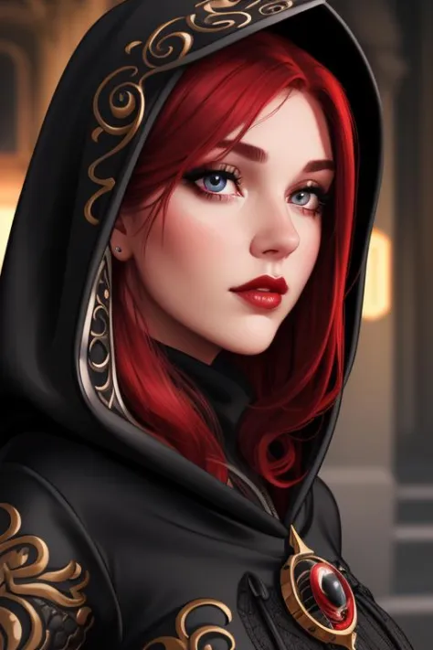 Attractive woman, extreme close up, red hair, detailed eyes, full lips, cinematic lighting, (black ornate hood)1.1, chubby cheeks, forward facing