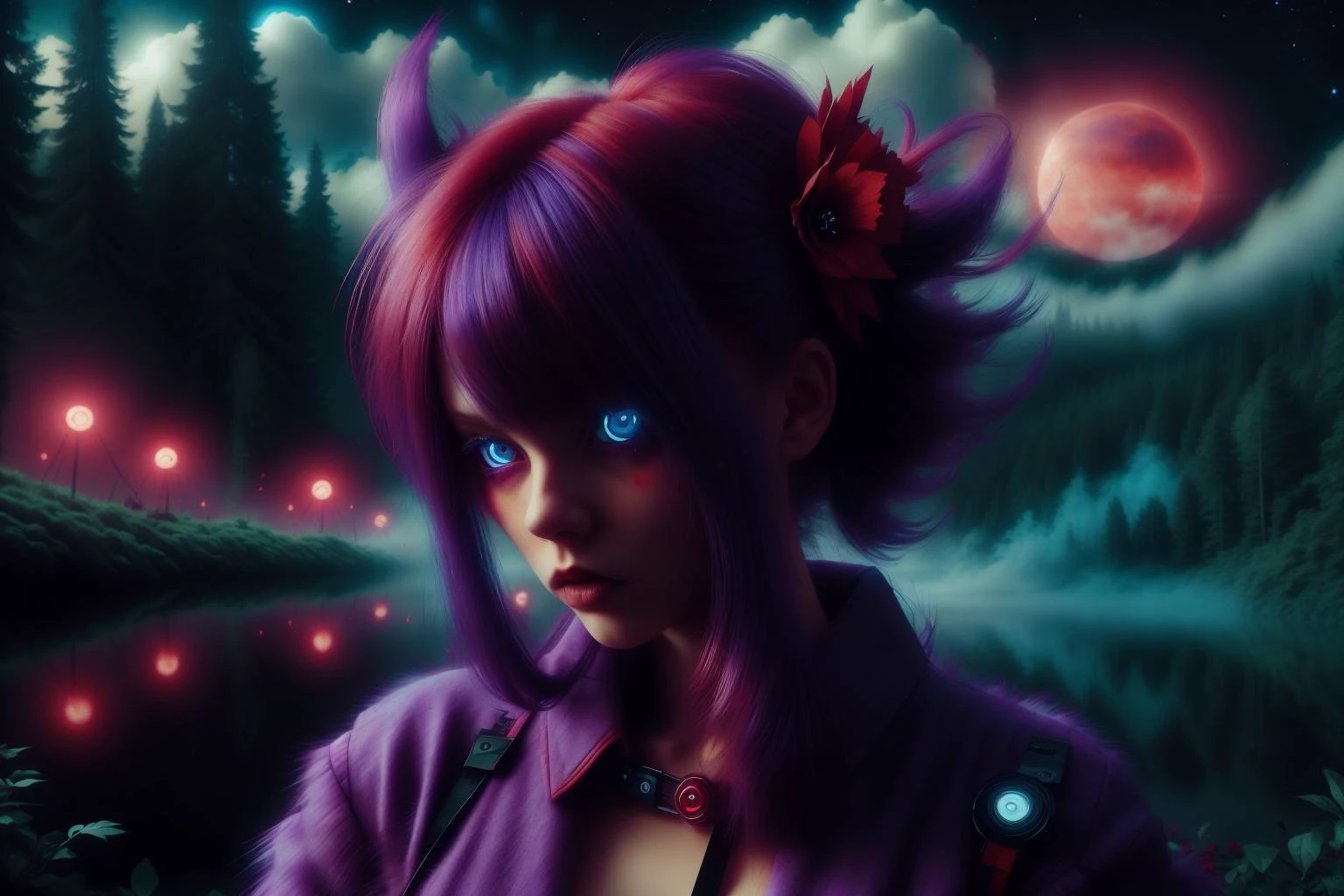 [woman:1],[flower in hair:1],[night sky:1],[lake:1],[blue eyes:2],[red clothes:0.15],[hair bow:2],[forest:3],[fog:3],[purple hair:3],[red moon:4] [FluffyStyle:2]CyberpunkWorld