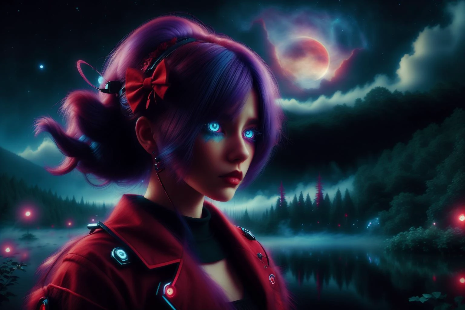 [woman:1],[flower in hair:1],[night sky:1],[lake:1],[blue eyes:2],[red clothes:0.15],[hair bow:2],[forest:3],[fog:3],[purple hair:3],[red moon:4] [FluffyStyle:2]CyberpunkWorld