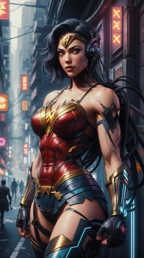 <lora:CyberpunkWorld:1> CyberpunkWorld wonder woman as a street fighter character, cg animation, capcom, realistic, character select portrait, by artgerm, greg rutkowski, alphonse mucha, 3 d, colorful, cyberpunk style, neon lights, dark mood, high contrast, (Masterpiece:1.3) (best quality:1.2) (high quality:1.1)