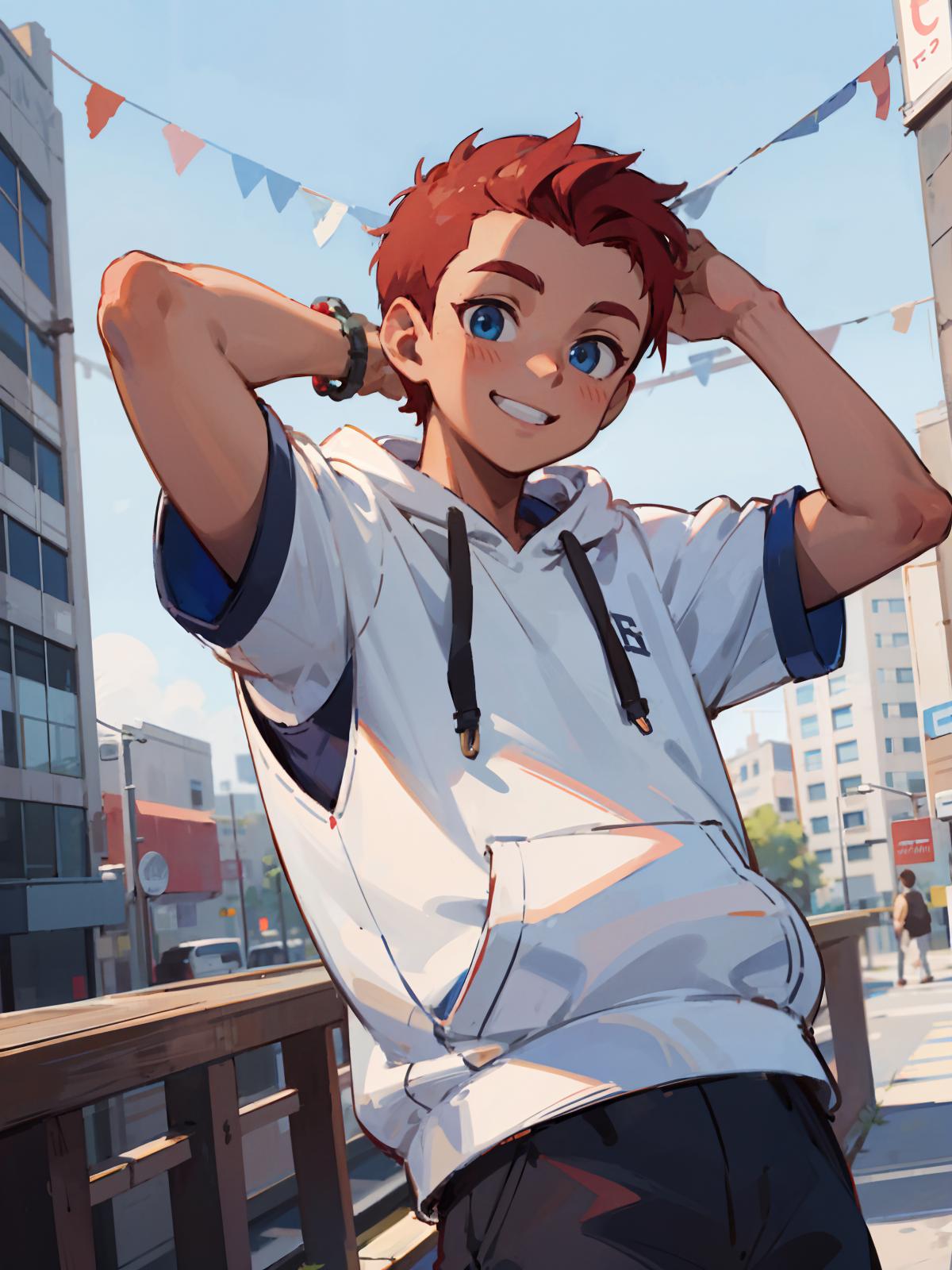 Anime boy with red hair and blue eyes standing on a balcony - SeaArt AI