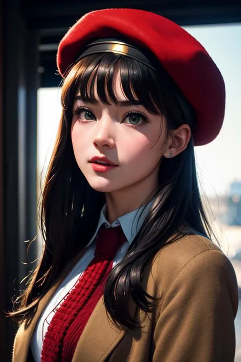 low angle of stunning 25 year old woman wearing a beret and mohair jacket in 1969 Paris, looking away from camera, portrait take...