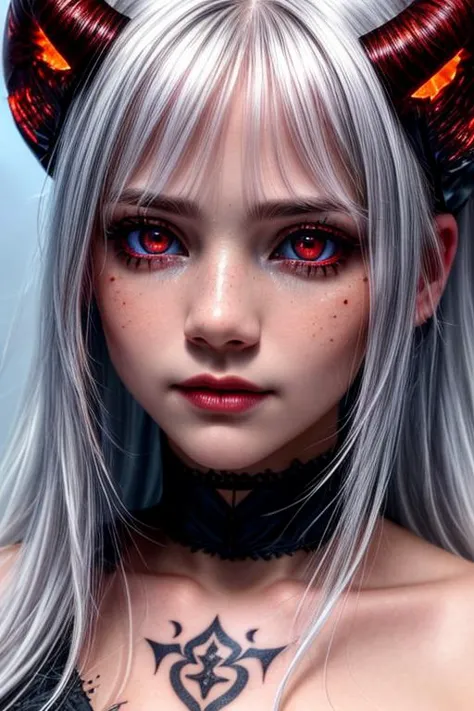 a close up of a woman with horns and red eyes