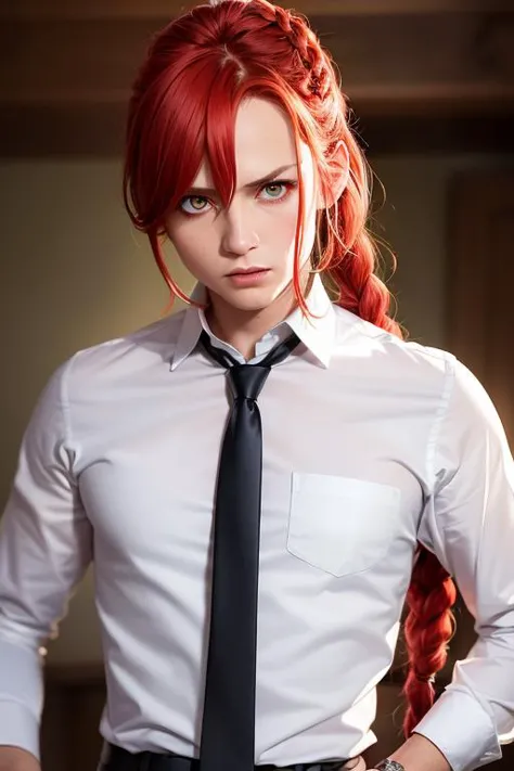 masterpiece, (photorealistic:1.4), best quality, beautiful lighting, , makima \(chainsaw man\), (red hair)+(long braided hair)+(bangs), yellow eyes, golden eyes, (ringed eyes), (white shirt), (necktie), RAW photo, 8k uhd, film grain <lora:makima_offset:1>