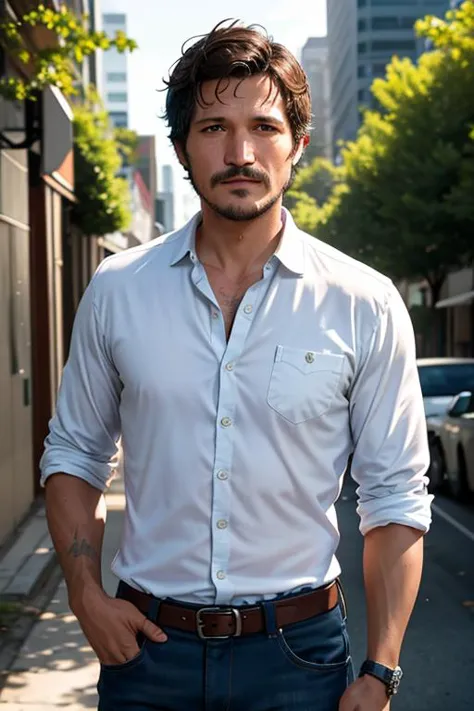 portrait photo of an unshaven Pedro Pascal from The Last of Us, in a unbuttoned white summer shirt, outside light, shot on Hasse...
