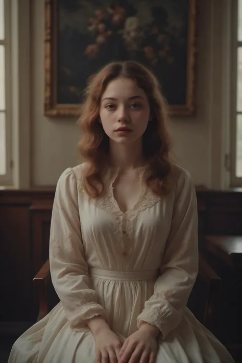 a woman in a white dress sitting on a chair in a room