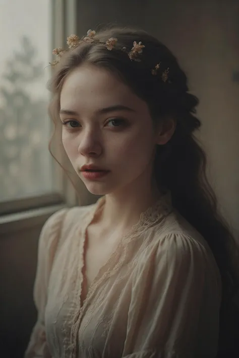 a woman with a flower crown on her head looking out a window