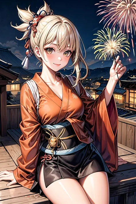 1girl, cowboy shot, (close up), sitting, smile, fireworks, evening, joy, (((origen))),  <lora:tool-addDetail:1> <lora:char-Genshin-Yoimiya:0.8>, shrines, japanese village, on rooftop, blonde, one hand on fence, looking at viewer, fence, cheerful