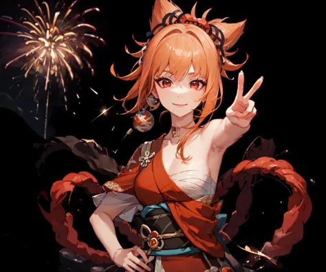 (masterpiece, best quality, ultra-detailed, best shadow), fireworks, night, stars, the top of the hill, smile, closed mouth, lipstick, (beautiful detailed face), high contrast, (best illumination, an extremely delicate and beautiful), medium breasts, colorful, hyper detail, dramatic light, intricate details, (1 girl, solo, orange hair, cute face, red eyes , dynamic angle),  (origen), depth of field, upper body,