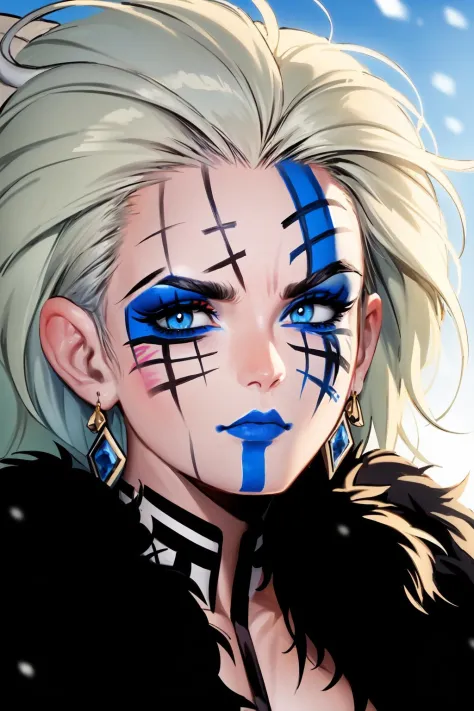 (masterpiece:1.2), (best quality:1.2), perfect eyes, perfect face, perfect lighting, 1girl, mature barbarian woman, close-up portrait, long messy white hair, pompadour cut, moles, blue eyes, slicked back hair, (((warpaint, face paint))), unimpressed, arched eyebrow, fur pauldrons, fantasy, detailed snowy outdoor background, thick eyelashes <lora:warPaint_warPaint:1>