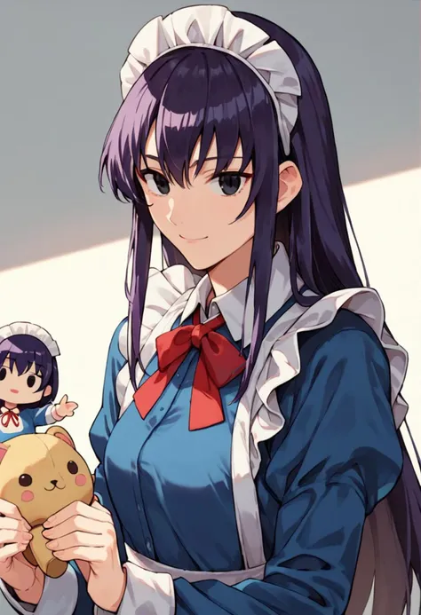 anime girl holding a teddy bear and a doll in her hands