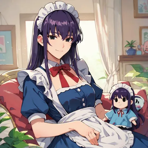 osakabe itoko, black eyes, purple hair, long hair, bob cut, smile, maid, blue dress, maid apron, maid headdress, red neck ribbon, score_9, score_8_up, score_7_up, score_6_up, anime coloring,plushify, character stuffed toy, chibi