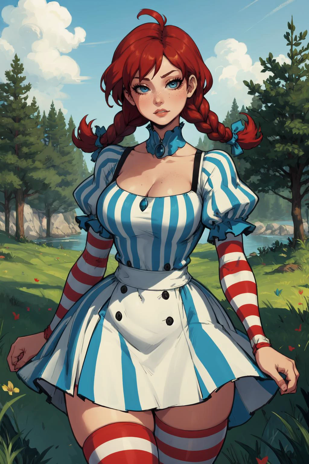 1girl, (solo:1.2), (cowboy shot:1.2), closed mouth, posing, exaggerated proportions, (expressive:1.2), (curvy)
ffwendys, (twin braids), hair bow, (striped dress), striped sleeves, puffy sleeves, striped thighhighs, (red hair:1.2), (blue eyes:1.2), large breasts, curvy
BREAK taigerarts, (coarse lineart:1.3), simplified shading technique, vibrant colors, anime aesthetic
BREAK intricate details, (masterpiece:1.3), (best quality:1.3), (perfect anatomy:1.4) BREAK, (outside:1.2), (path in the woods:1.2), trees, temperate climate, day