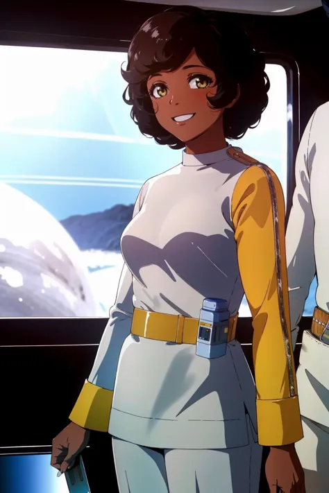 high quality, african woman in s1999unf uniform,yellow left sleeve,on the moon,smiling<lora:S1999_V2flex-000004:0.8>
